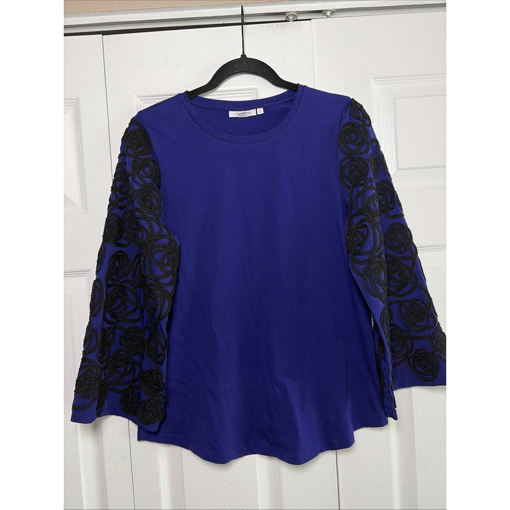 Chico's Soutache Rosette Sleeve Top Womens Size M 1 Blue Embroidered‎ Knit Shirt